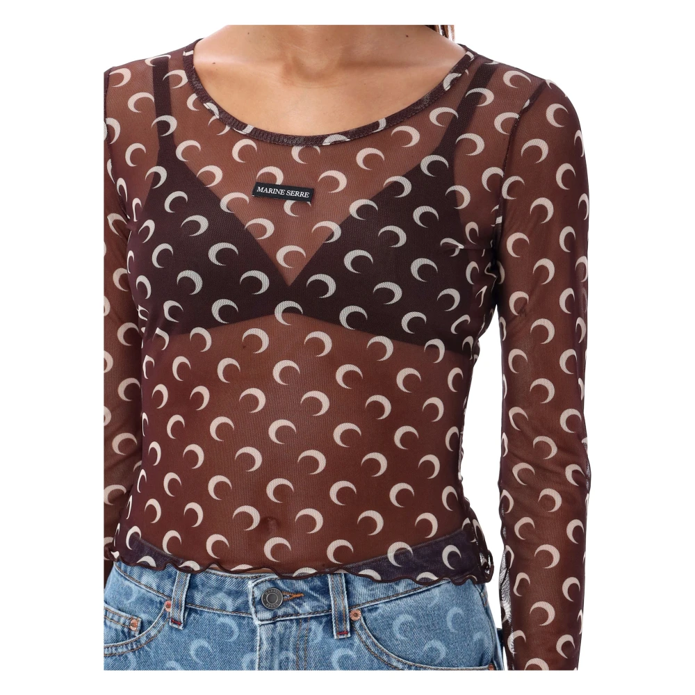 Marine Serre Maan Mesh Crew Neck Top Bruin Brown Dames
