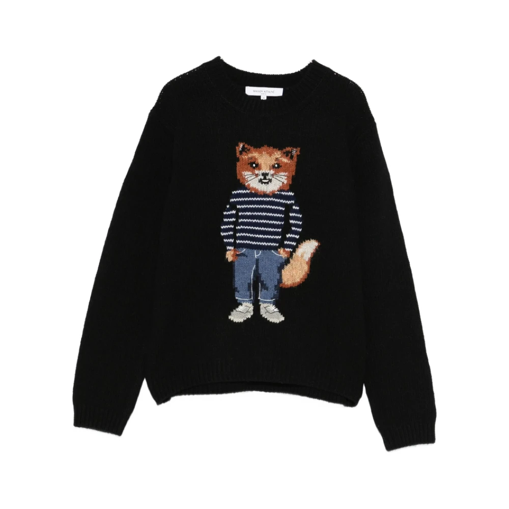 Maison Kitsuné Women's Black Dressed Fox Intarsia Wool Jumper - Round-Neck Knitwear - L - Knitwear