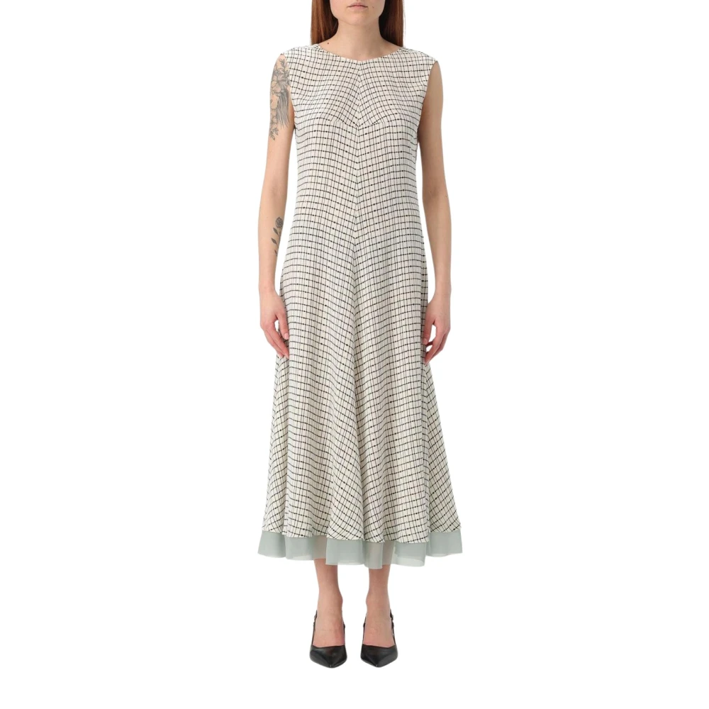 Fendi Women's White Midi Dresses, Xs, Grid Pattern Flared Skirt Dress