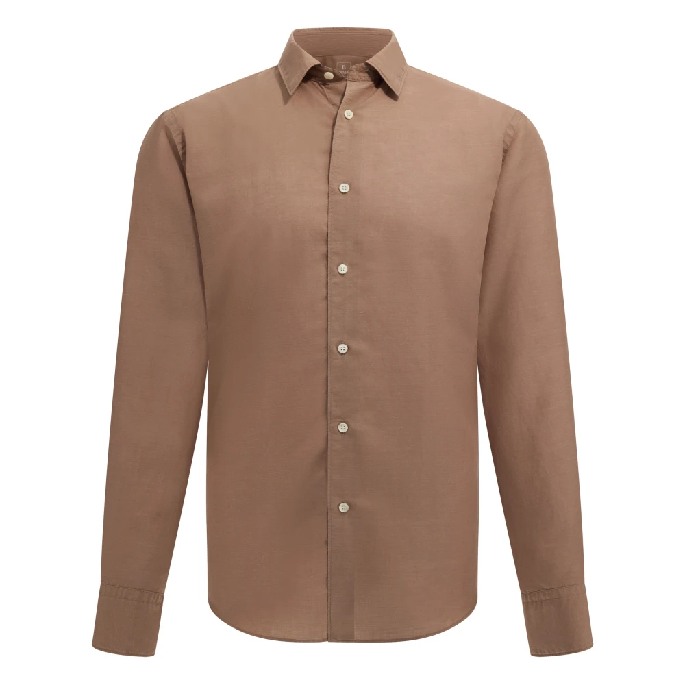 Boggi Milano Mannelijk Bruin Overhemden Heren, S, Linnen, Regular Fit Tencel Linnen Overhemd