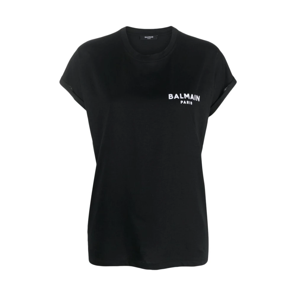 Balmain Zwart Katoenen T-shirt met Logo Print Black Dames