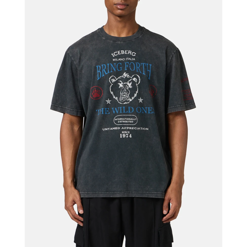 Iceberg Regular-fit Zwarte T-shirt in willekeurig gewassen geverfde katoen met maxi Bear print Black Heren