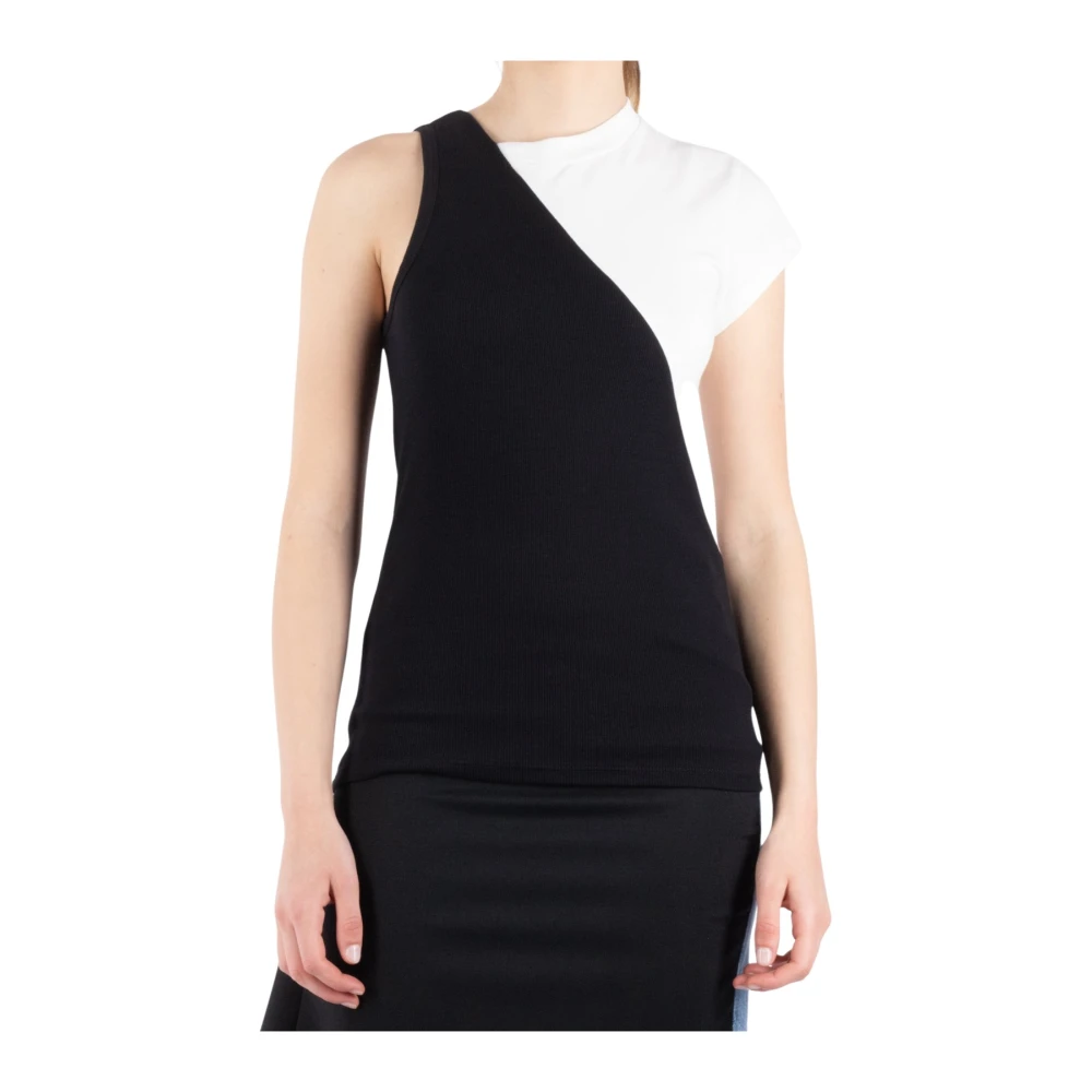 MM6 Maison Margiela Asymmetrische Bicolor Geribbelde T-shirt Black Dames