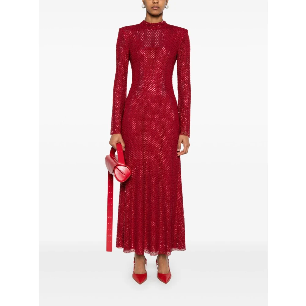 Self Portrait Rode Rhinestone Fishnet Midi Jurk Red Dames
