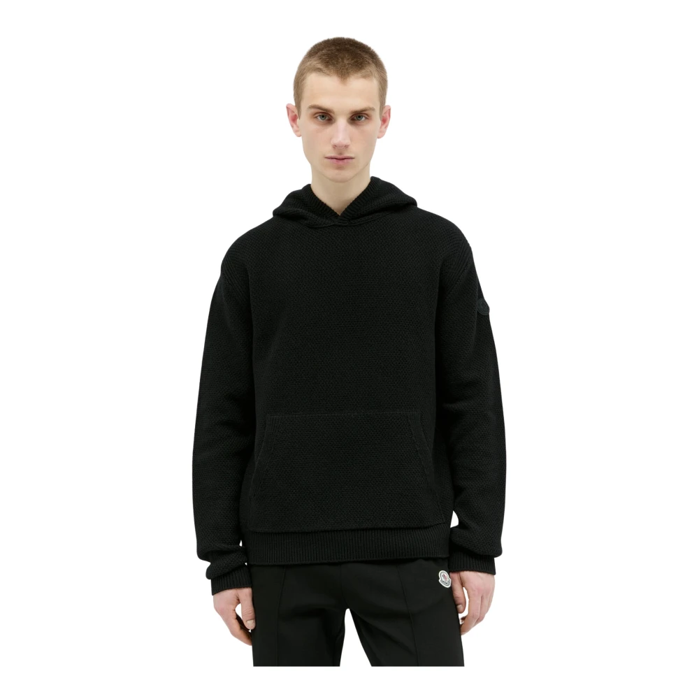 Moncler Wollen Hoodie Logo Zak Ribboorden Black Heren