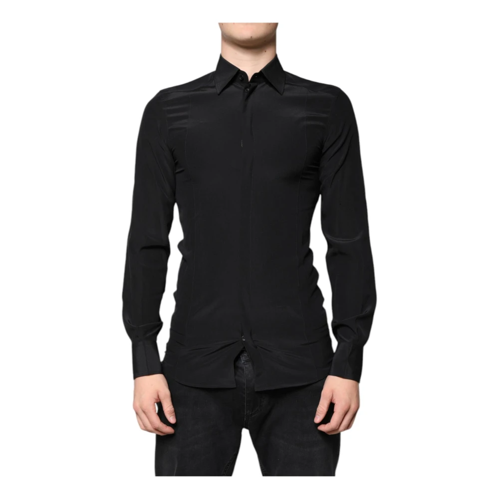Dolce & Gabbana Zwarte Zijden Slim Fit Overhemd Black Heren