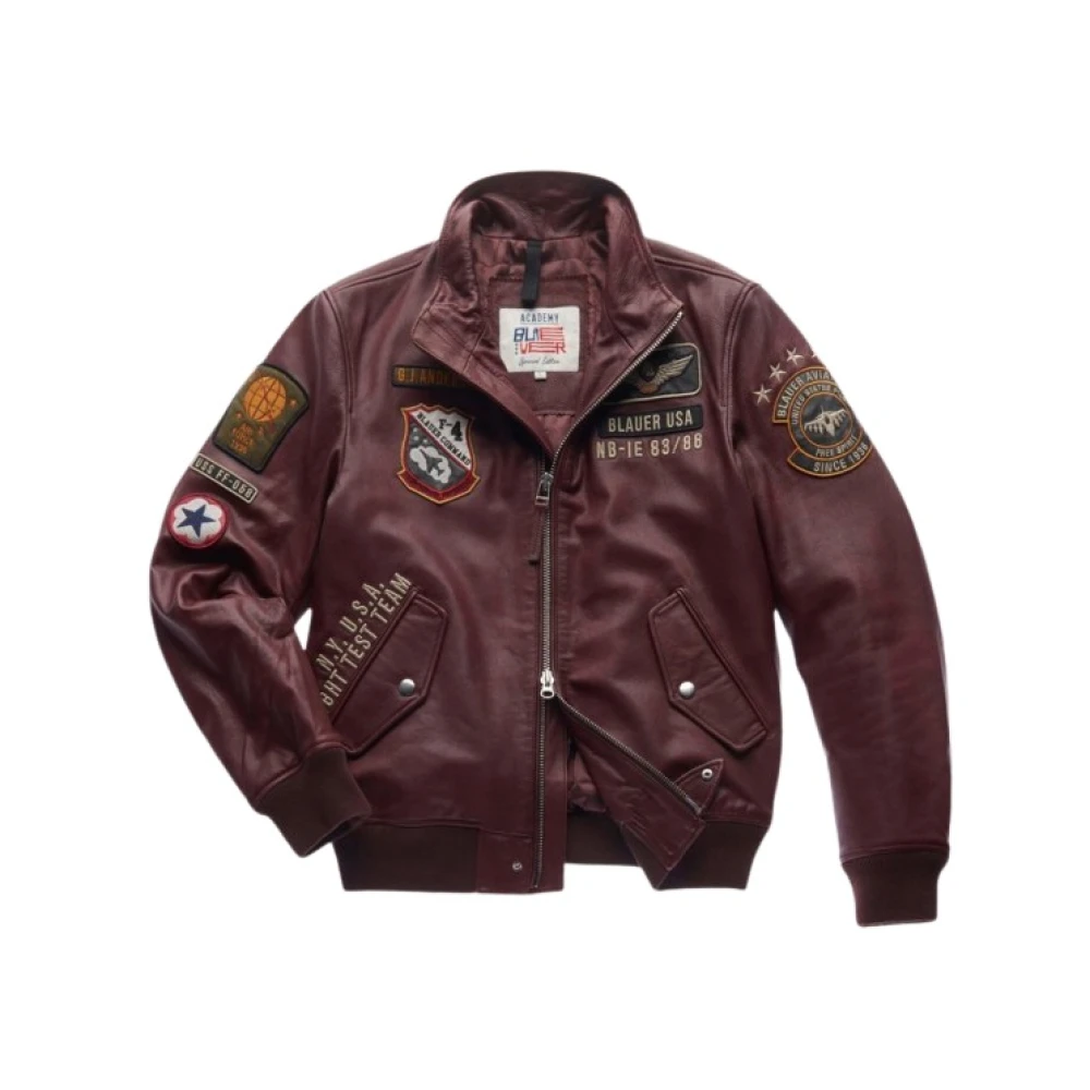 Blauer Leren Bomberjack Red Heren