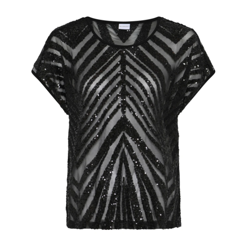 IN Front Zwarte Pailletblouse Korte Mouw Ronde Hals Black Dames