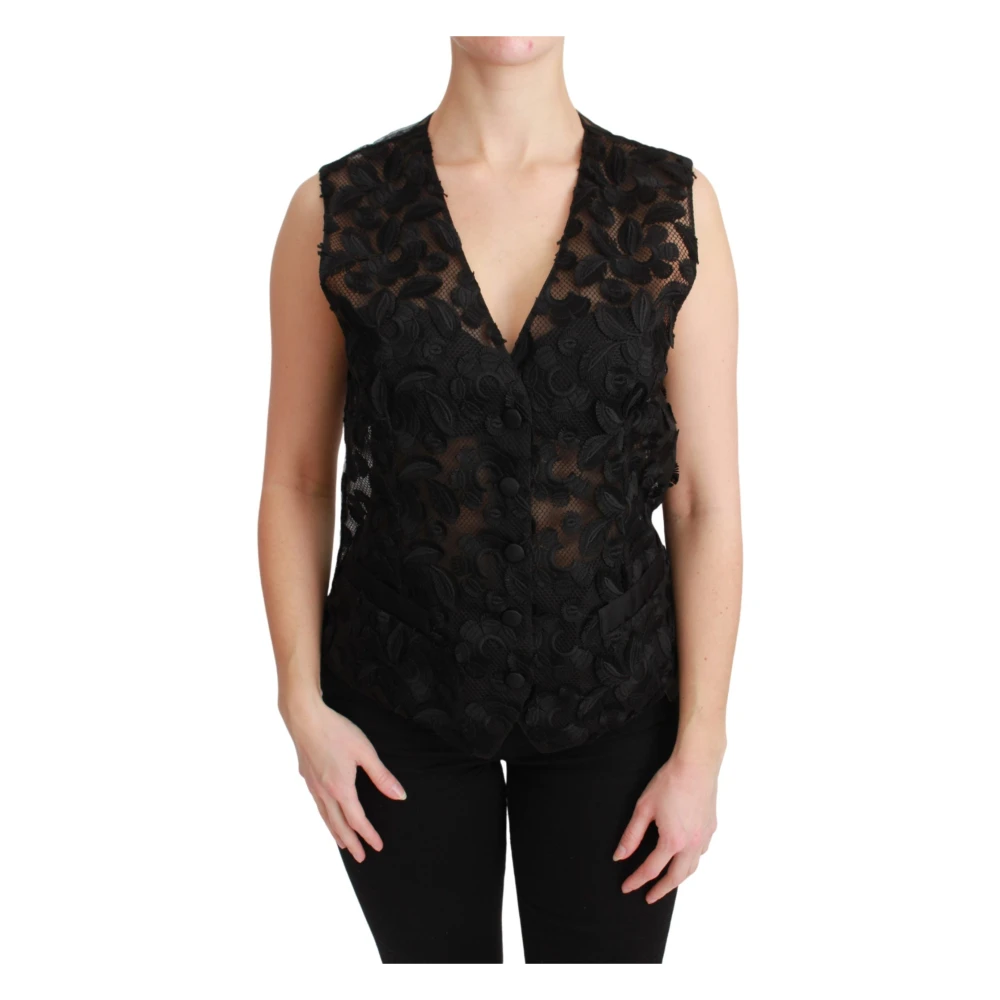 Dolce & Gabbana Women's Black Sleeveless Tops, L, Floral Elegance Sleeveless Vest