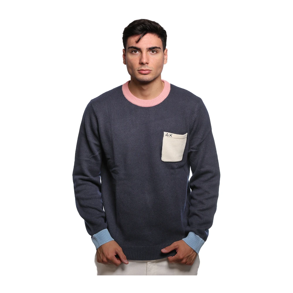 Sun68 Blauwe Wollen Trui met Geribbelde Ronde Hals Blue Heren