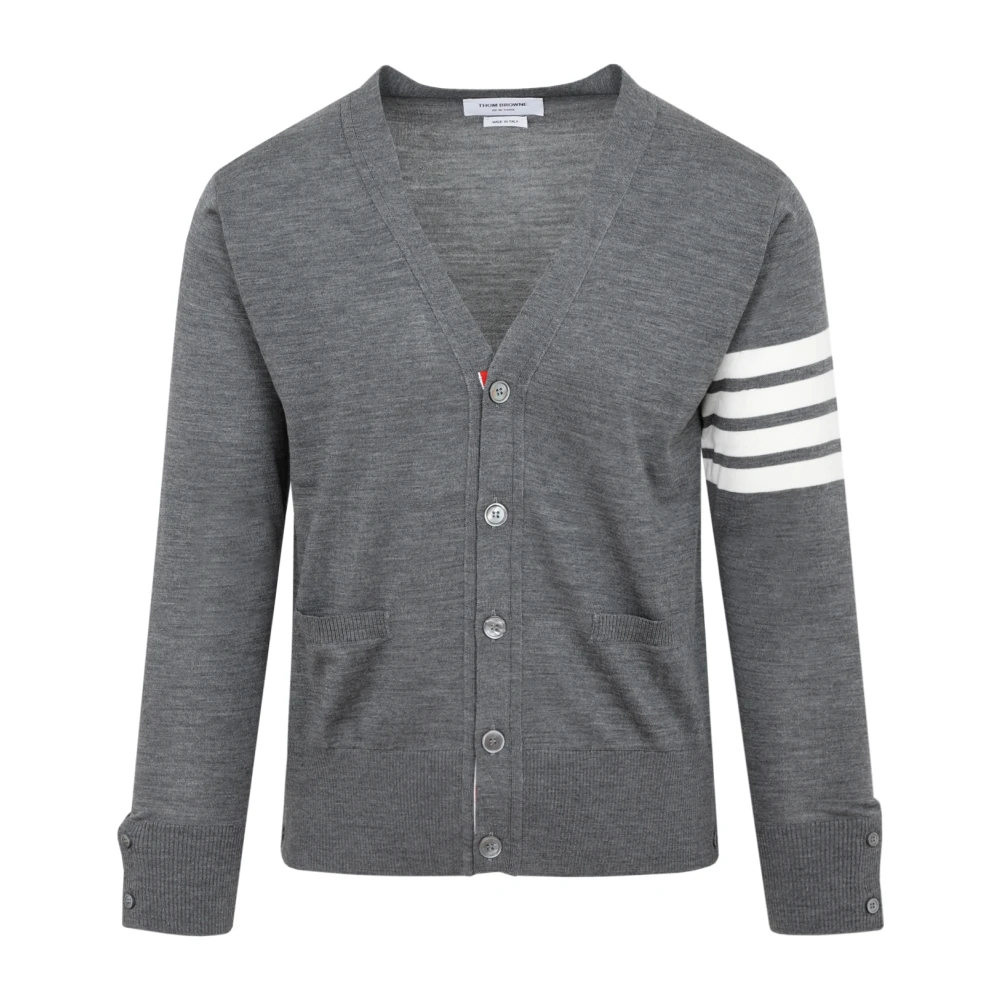 Thom Browne Grijze Wol V-hals Cardigan Sweater Gray Heren