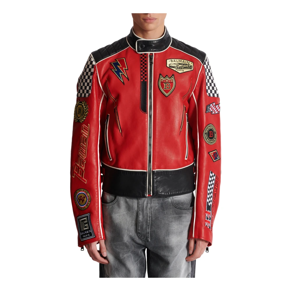 Balmain Lamsleren jas met Racing-patches Red Heren