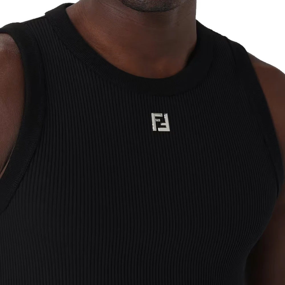 Fendi Geribbeld Logo Mouwloos T-shirt Black Heren