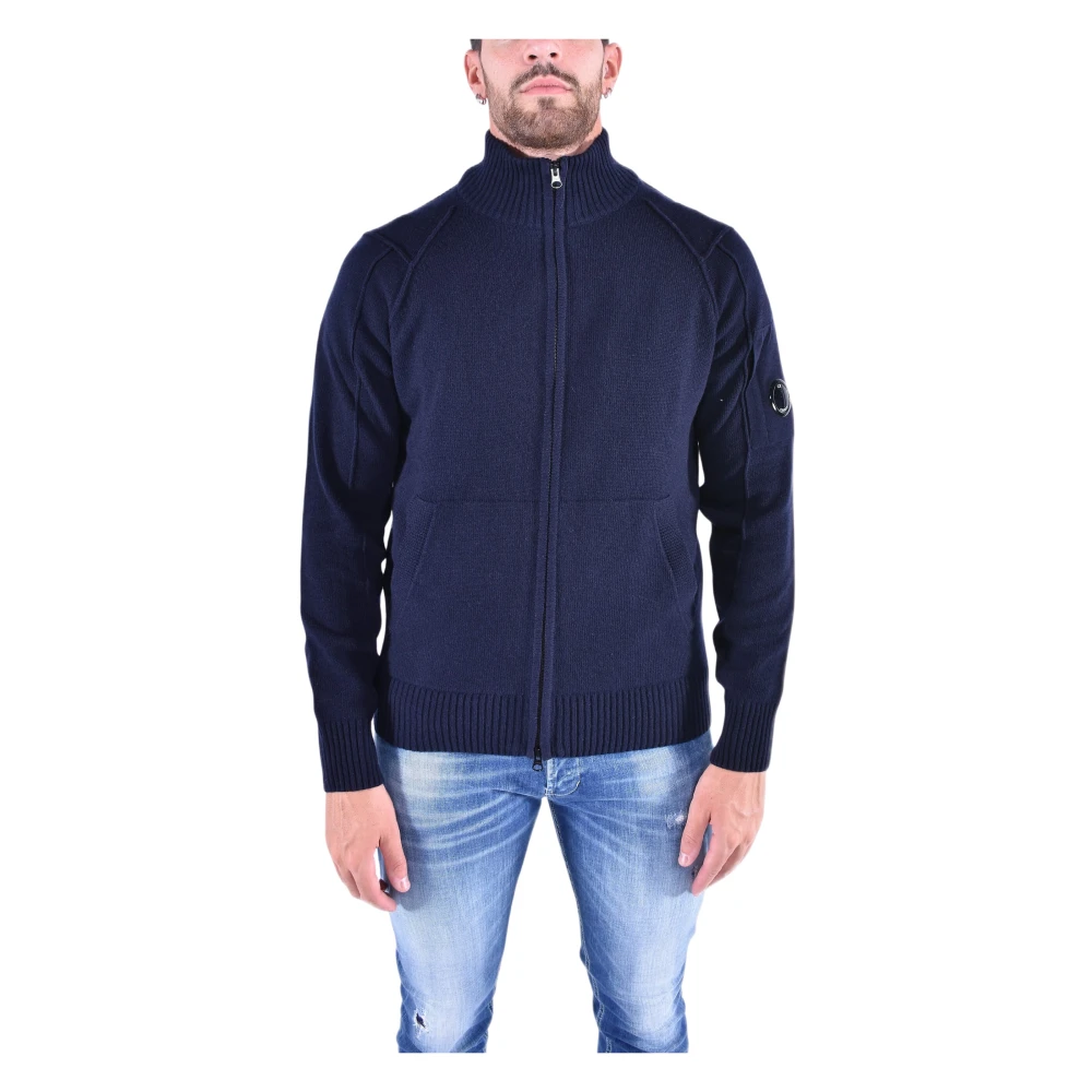 C.p. Company Blue Turtlenecks, Male, Xl, Wool Zip Cardigan With Ribbed Details