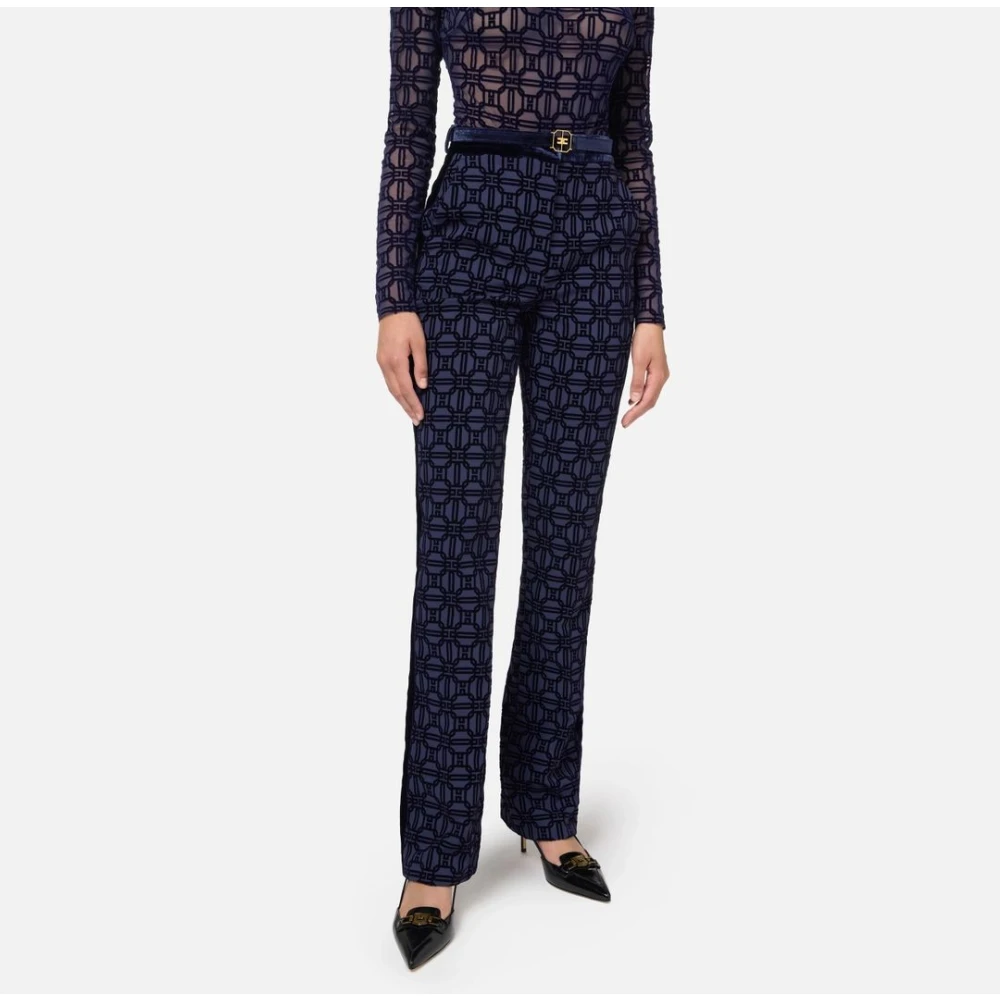 Elisabetta Franchi Blauwe Broek met Rechte Pijp en Fluweelrand Blue Dames