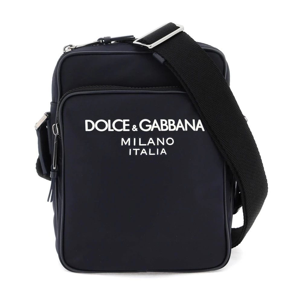 Dolce & Gabbana Rubberen Logo Nylon Schoudertas Blue Heren
