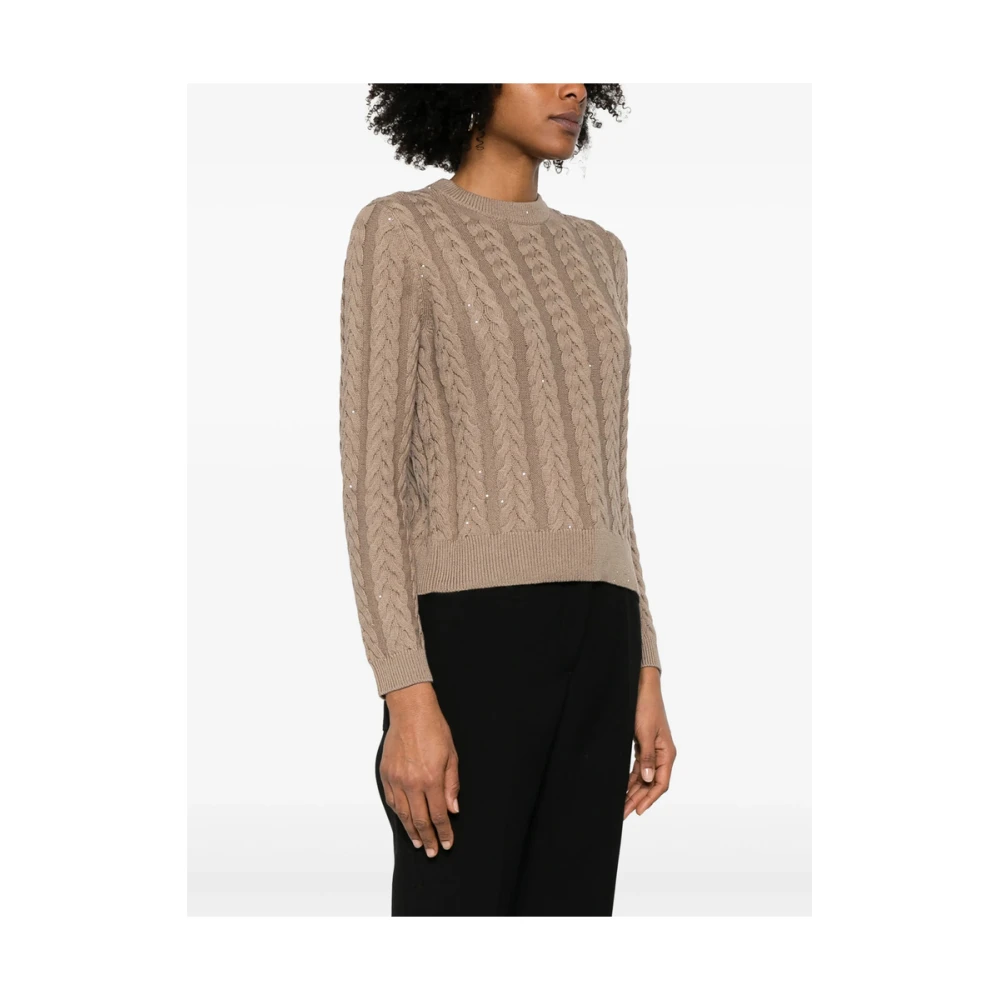 BRUNELLO CUCINELLI Taupe Bruin Paillet Crew Neck Sweater Brown Dames