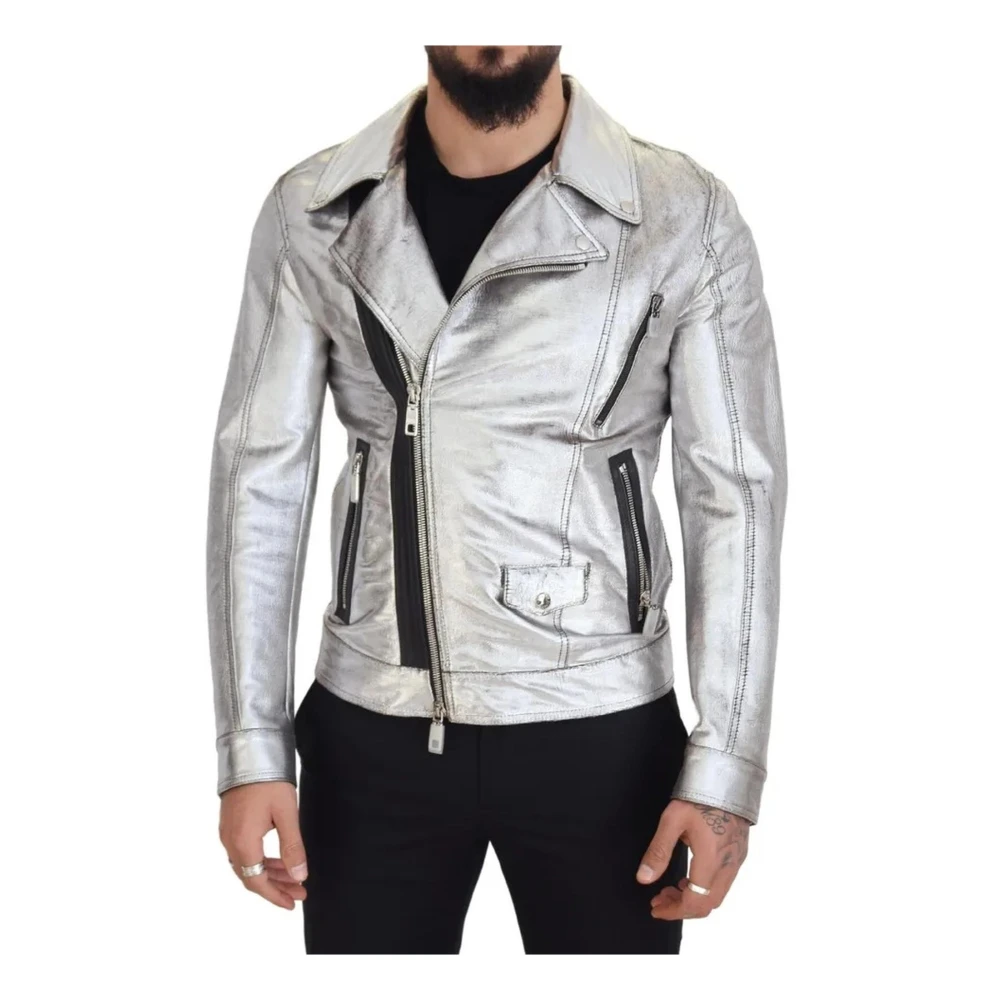 Dolce & Gabbana Zilver Metallic Leren Bikerjas Gray Heren