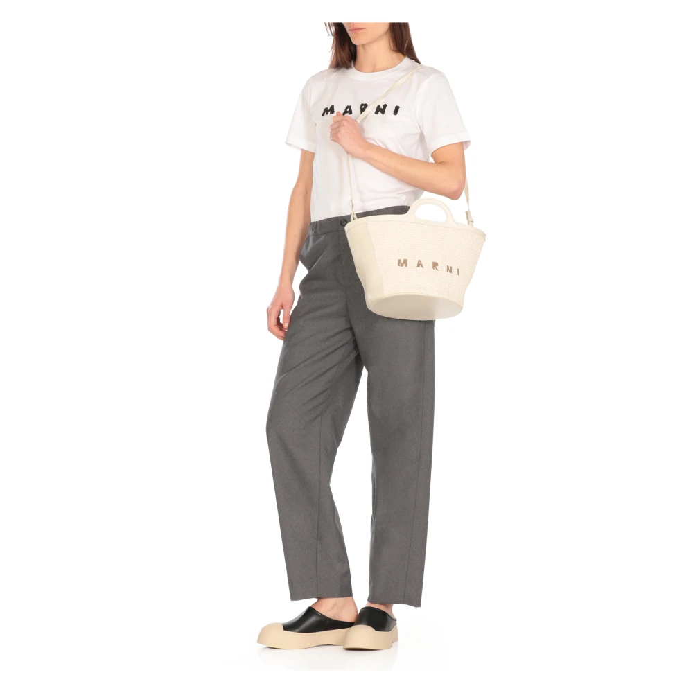 Marni Witte Katoenmix Handtas met Logo White Dames