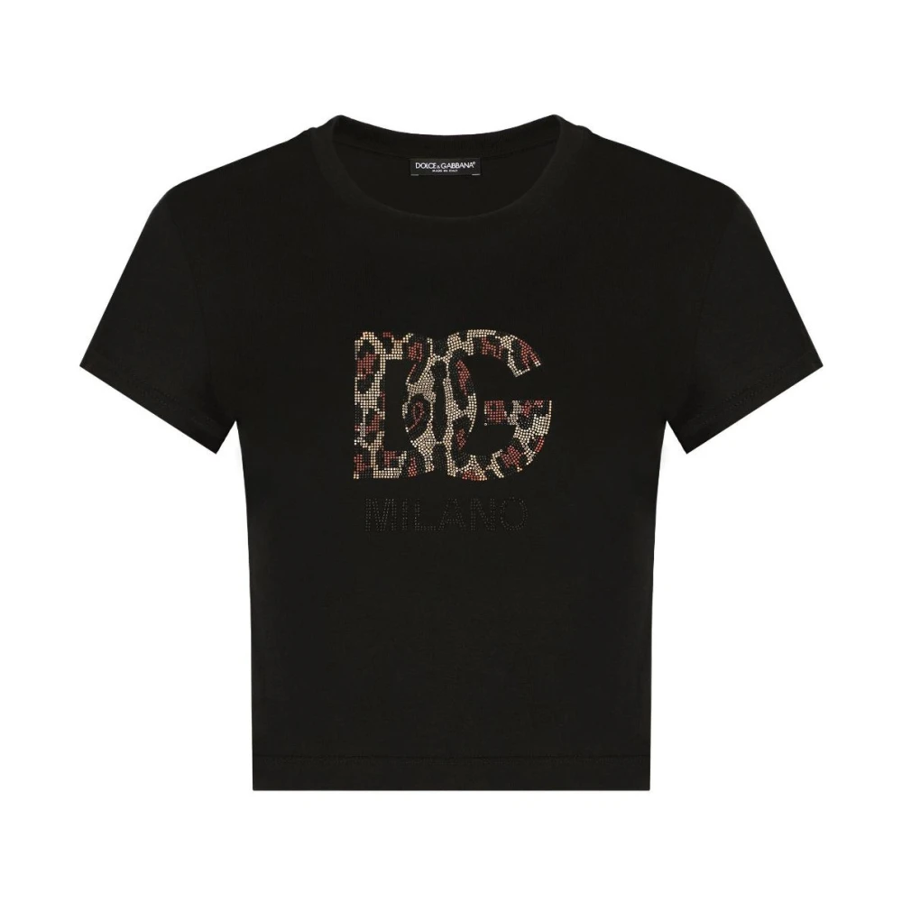 Dolce & Gabbana Zwart Leopard Logo T-shirt Black Dames