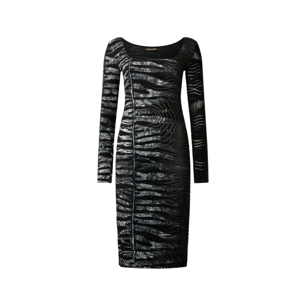 Roberto Cavalli Black Midi Dresses, Female, L, Tiger Skin Zebra Motif Dress