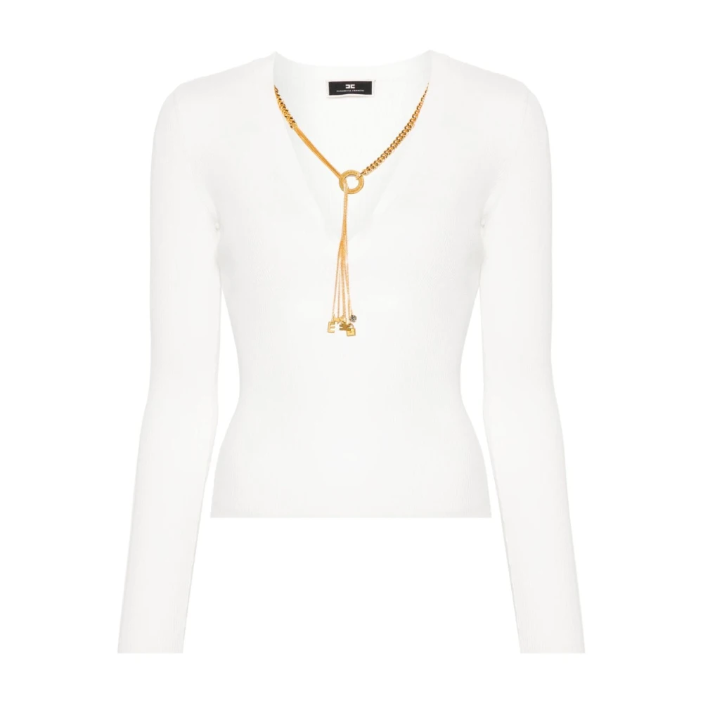 Elisabetta Franchi Witte V-hals trui met ketting White Dames