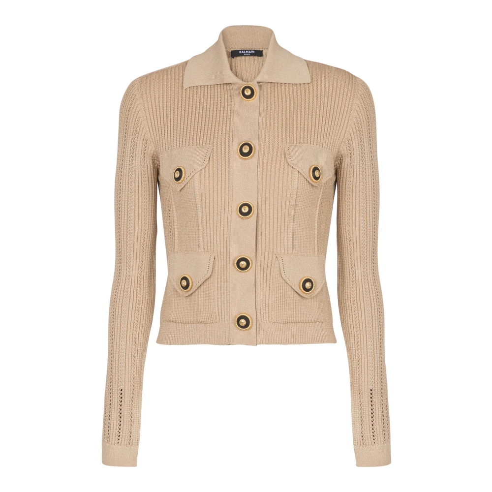 Balmain Geknipte geribbelde gebreide vest met ajourdetails Beige Dames