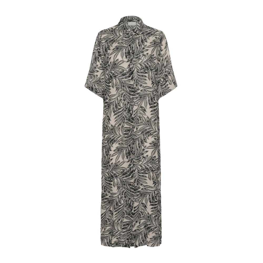 Kaffe Gray Shirt Dresses, Female, Xs, Feather Leaf Print Shirt Dress