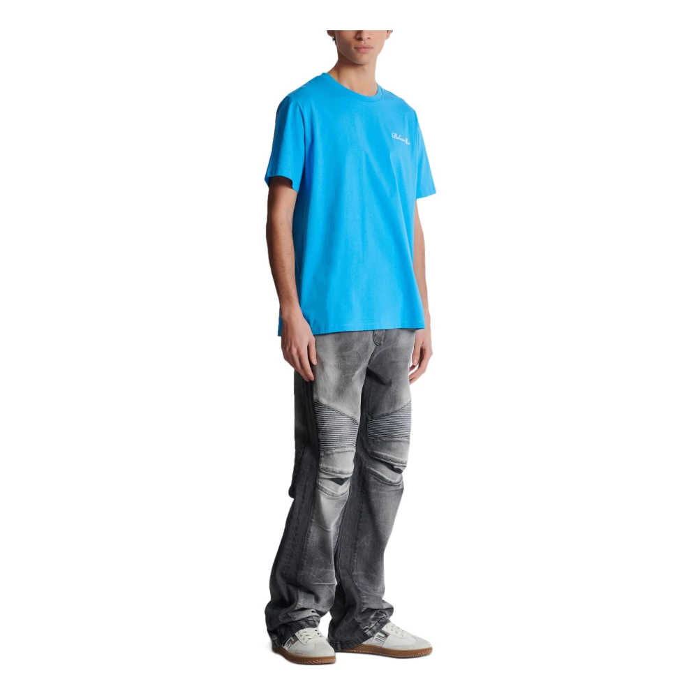 Balmain Relaxed T-shirt met Handtekeningborduursel Blue Heren