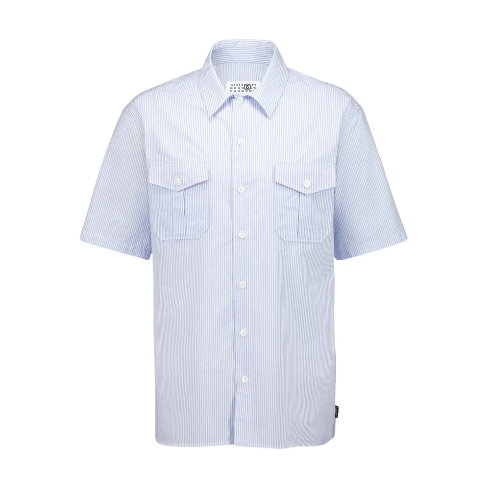 Mm6 Maison Margiela Blue Short Sleeve Shirts, Male, L, Striped Cotton Short Sleeve Shirt