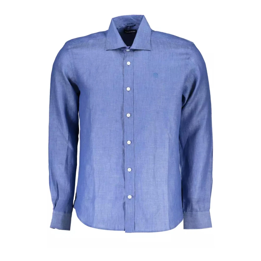 North Sails Men's Blue Casual Shirts,, Regular Fit Linen Shirt With Italian Collar And Embroidered Logo Small