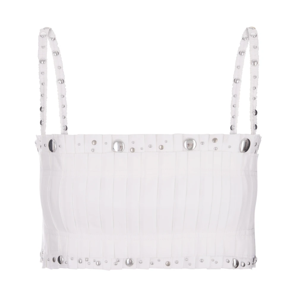 Hvit Plissert Crop Top med Studs