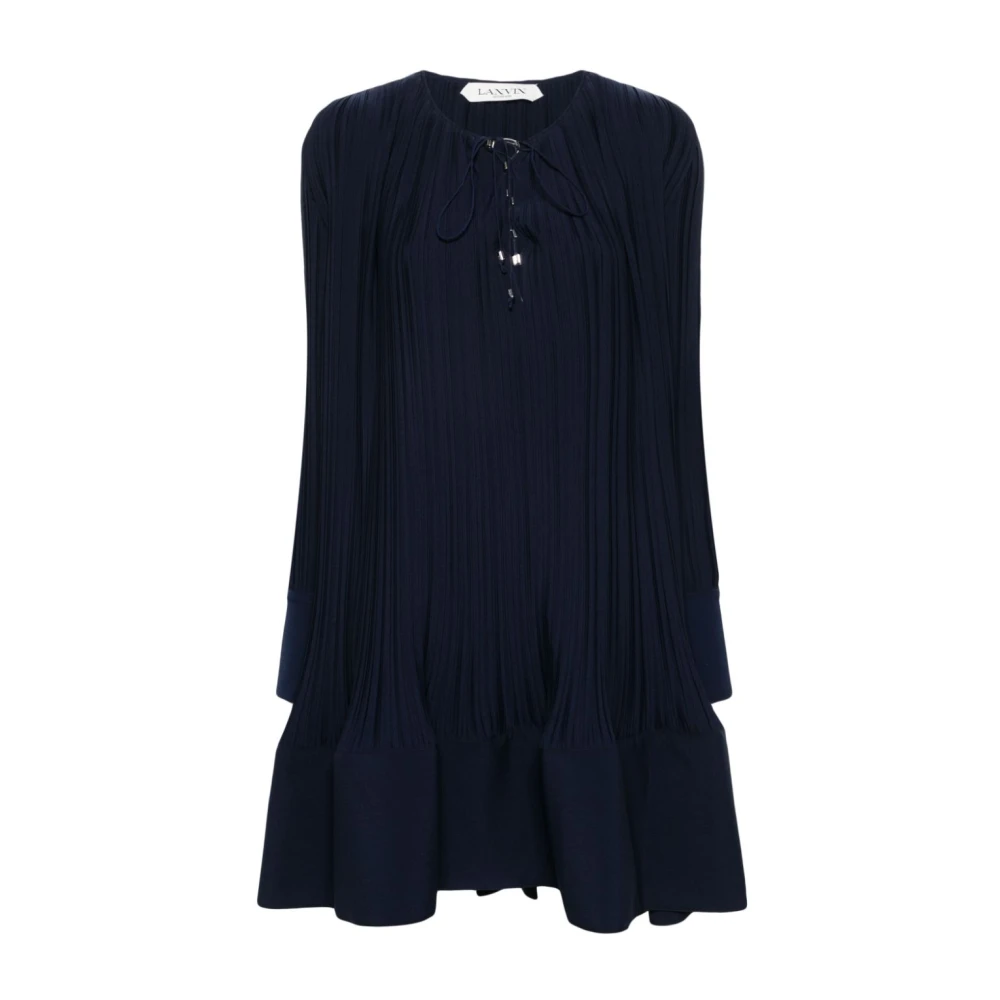 Lanvin Navy Blue Lace-Up V-Neck Jurk Blue Dames