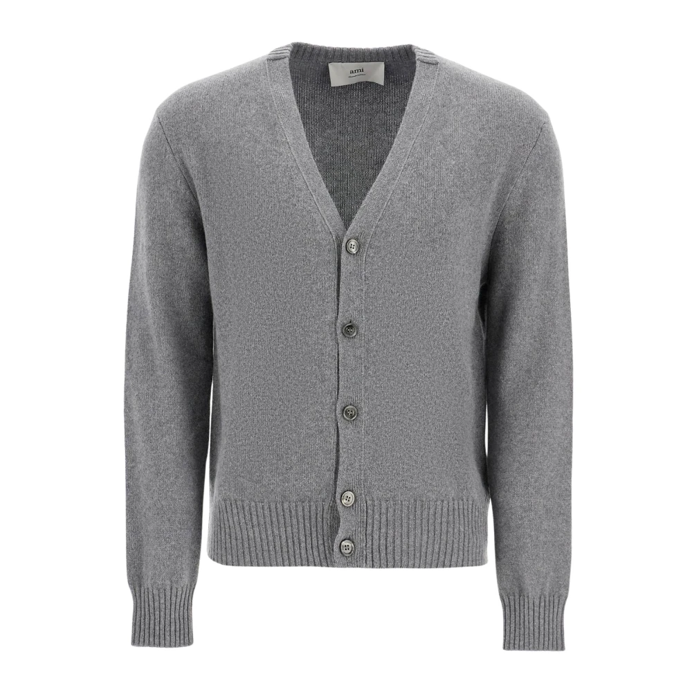 Ami Paris Luxe Cashmere Cardigan met Geborduurd Logo Gray Heren