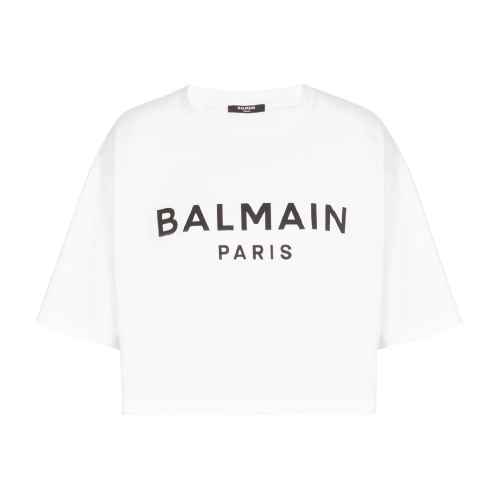 Balmain Cropped T-shirt med logotryck White, Dam