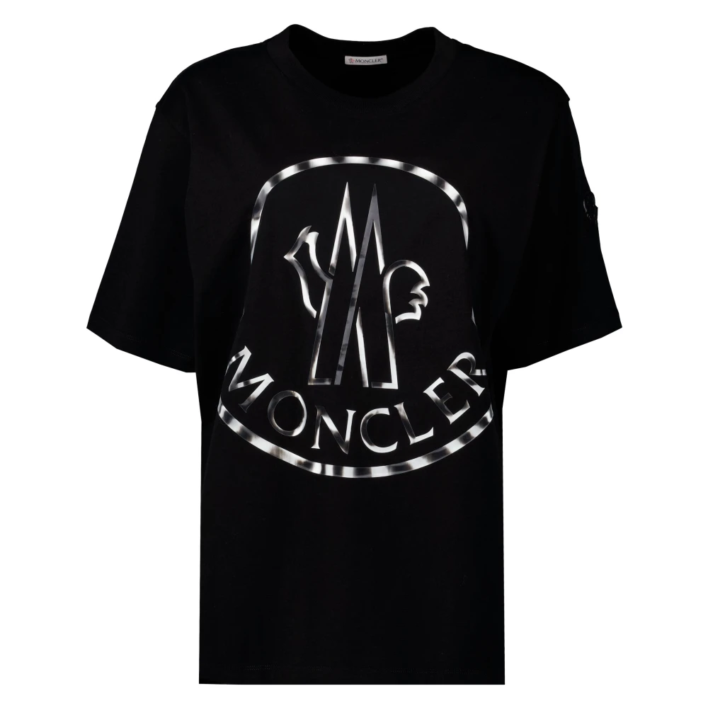 Moncler Glanzende Metallic Logo T-Shirt Black Dames