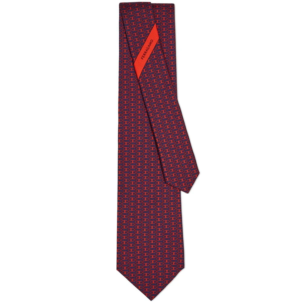 Salvatore Ferragamo Navy Blauw Rood Zijden Jacquard Stropdas Multicolor Heren