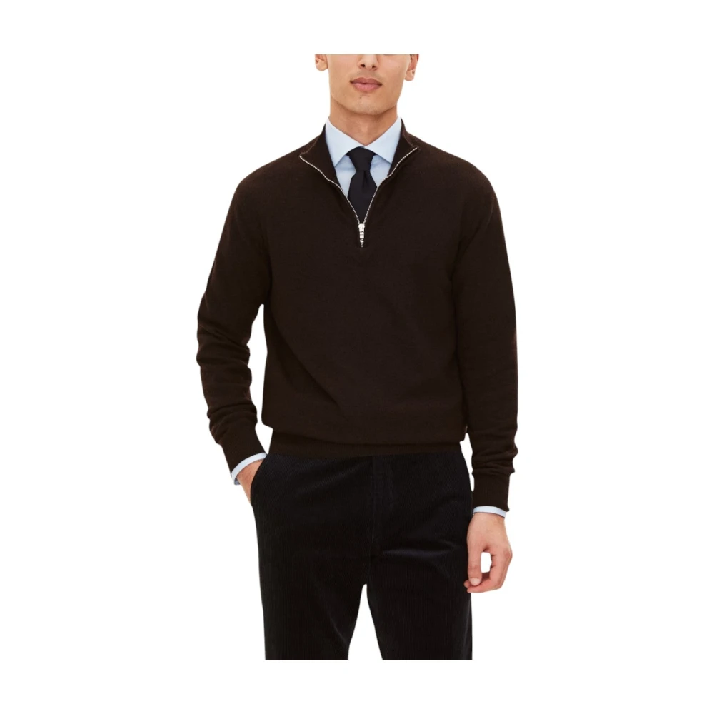 Oscar Jacobson Bruine Wol-Kasjmier Half Zip Trui Brown Heren