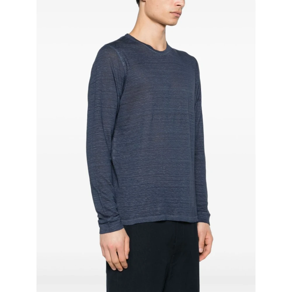 120% lino Blauw Linnen Crew Neck Lange Mouw Blue Heren