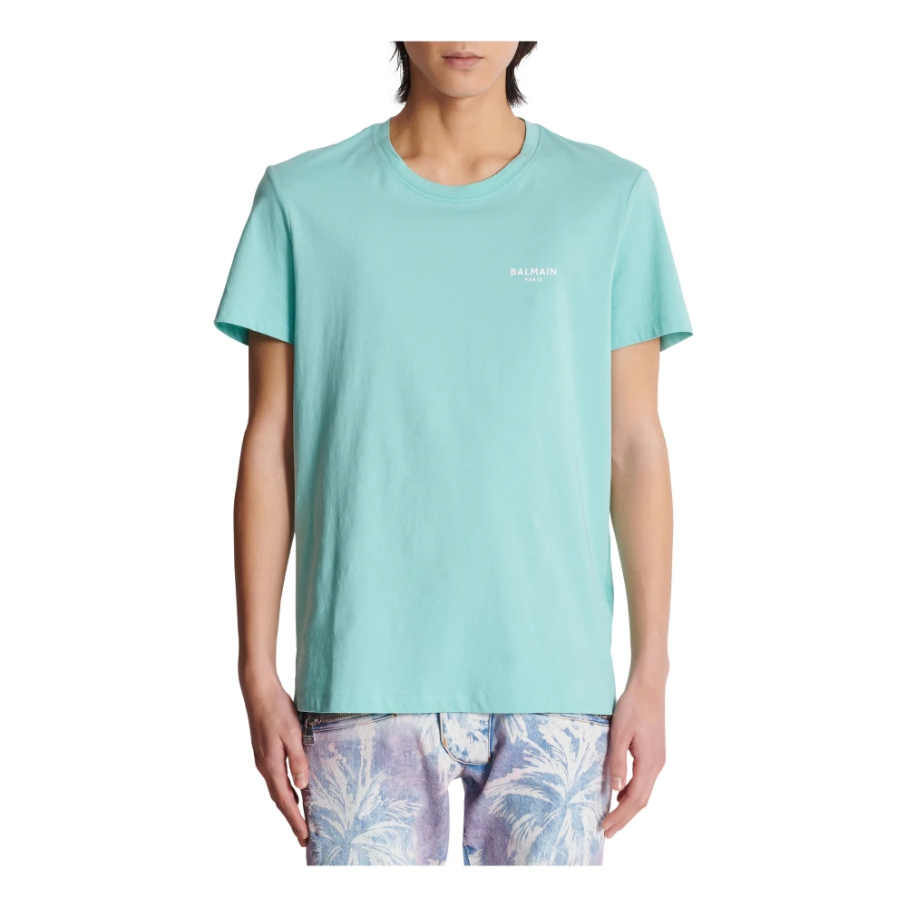 Balmain Paris gevlokt T-shirt met korte mouwen Blue Heren