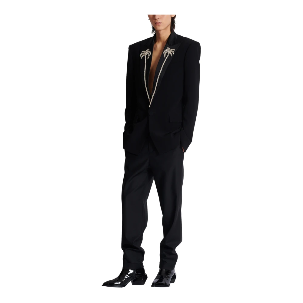 Balmain 1-knoops jas met geborduurde palmboomkraag Black Heren