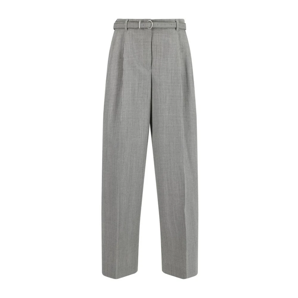 Jil Sander Geruite Wijde Pijpen Wollen Broek met Riem Gray Dames