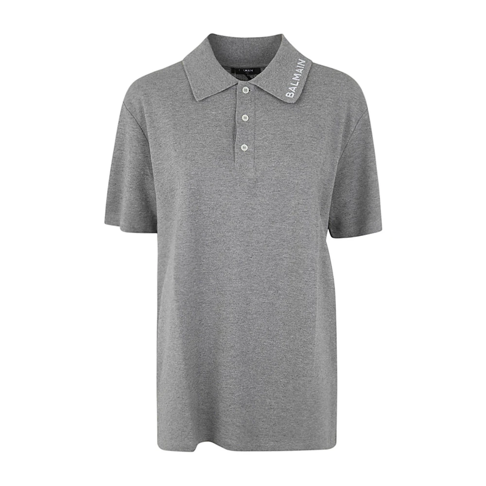 Balmain Grijze Melange Polo Shirt met Geborduurd Logo Gray Heren