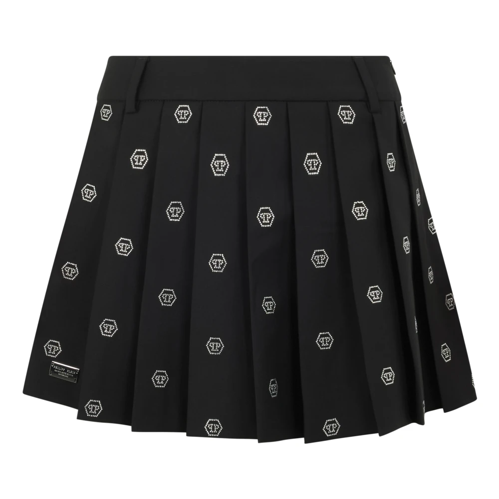 Philipp Plein Women's Black Pleated Mini Skirt Small Monogram Strass Monogram Strass