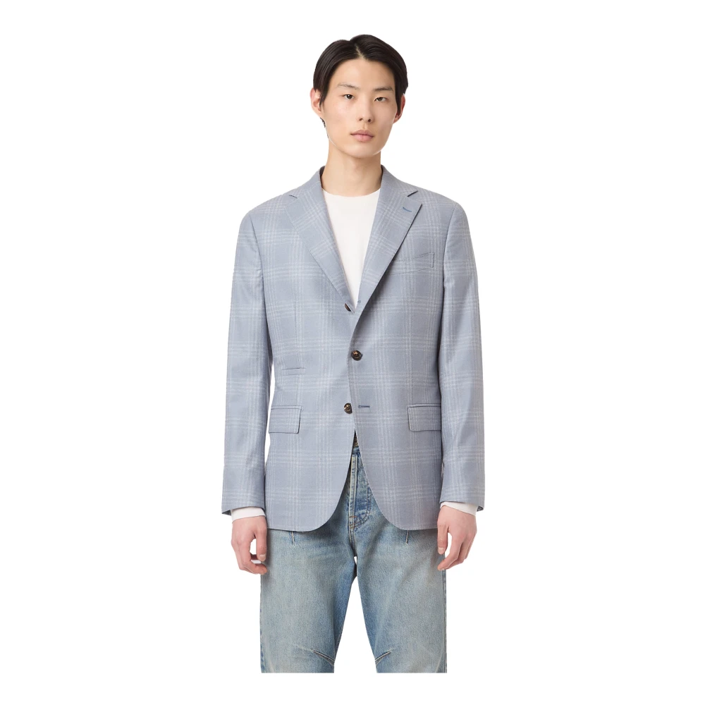 Eleventy Men's Blue Blazers, 2XL, Checkered Wool Silk Cashmere Jacket