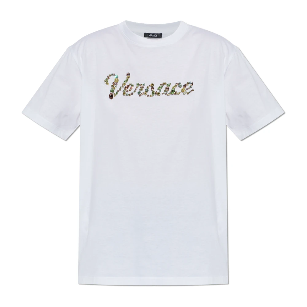 Versace Vrouw Wit Tops Dames, L, Katoen, Geborduurde T-Shirt Van Katoenjersey