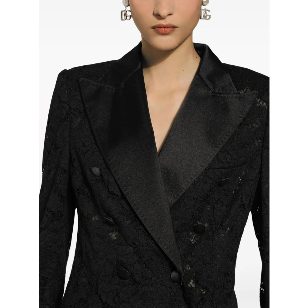Dolce & Gabbana Zwart Bloemenkant Dubbelrijige Jas Black Dames