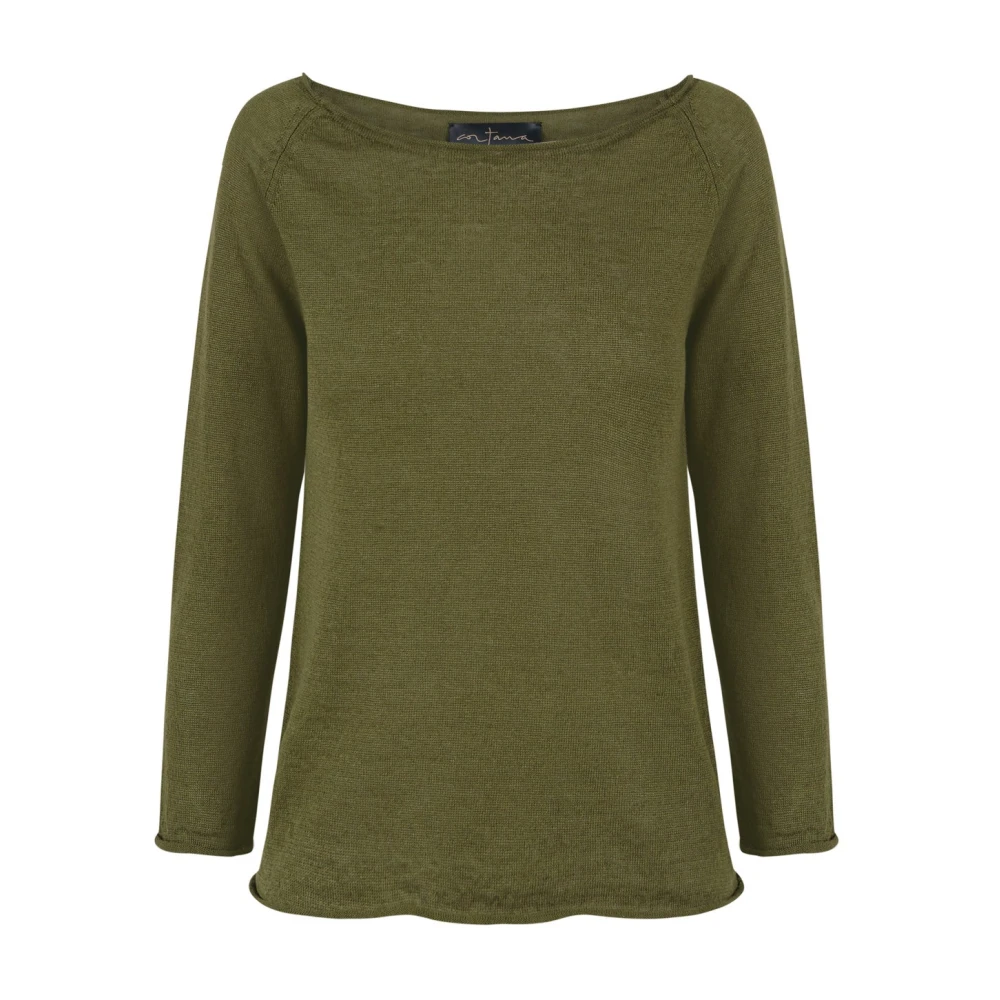 Cortana Green Round-Neck Knitwear, Female, Xs, Rinen, Olive Linen Knit Jersey