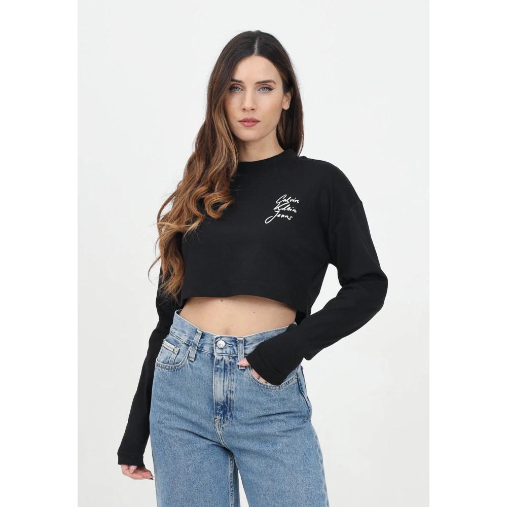 Calvin Klein Jeans Zwarte crop top met lange mouwen Black Dames