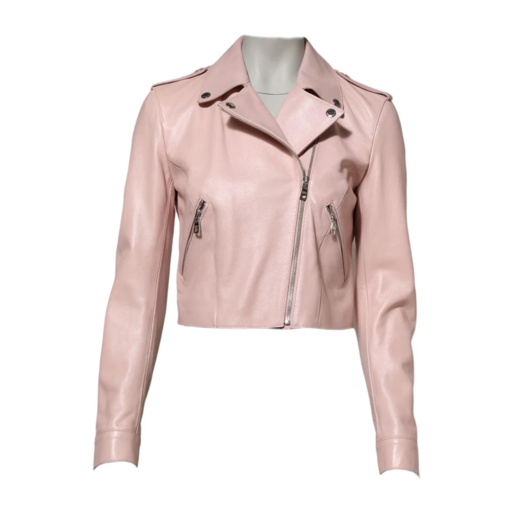 Dolce & Gabbana Women's Pink Leather Biker Jacket With Zip Fastening